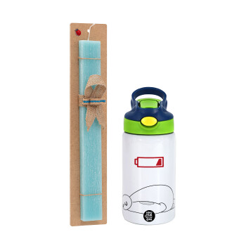 Baymax battery low, Easter Set, Children's thermal stainless steel bottle with safety straw, green/blue (350ml) & aromatic flat Easter candle (30cm) (TURQUOISE)