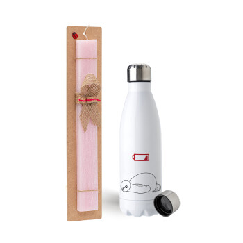 Baymax battery low, Easter Set, metallic stainless steel water bottle (750ml) & scented flat Easter candle (30cm) (PINK)