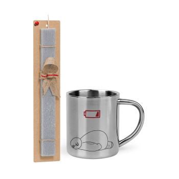 Baymax battery low, Easter Set, metallic thermal cup (300ml) & Easter aromatic flat candle (30cm) (GRAY)