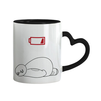 Baymax battery low, Κούπα καρδιά χερούλι μαύρη, κεραμική, 330ml