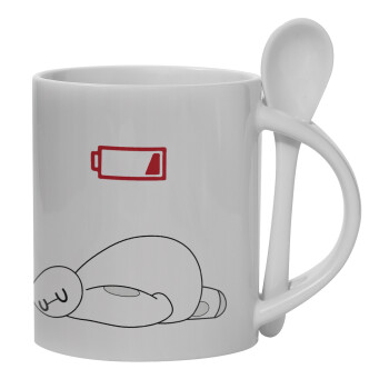 Baymax battery low, Ceramic coffee mug with Spoon, 330ml (1pcs)