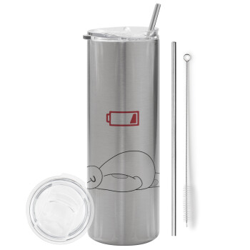 Baymax battery low, Eco friendly stainless steel Silver tumbler 600ml, with metal straw & cleaning brush