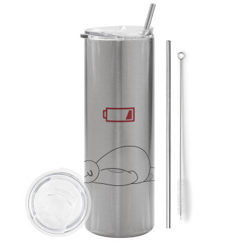 Baymax battery low, Tumbler stainless steel Silver 600ml, with metal straw & cleaning brush