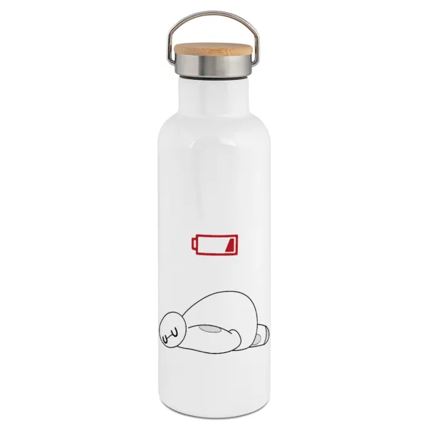 Baymax battery low — Μεταλλικό παγούρι θερμός (Stainless steel) Λευκό με ξύλινο καπάκι (bamboo), διπλού τοιχώματος, 750ml