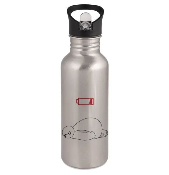 Baymax battery low — Παγούρι νερού Ασημένιο με καλαμάκι, ανοξείδωτο ατσάλι 600ml