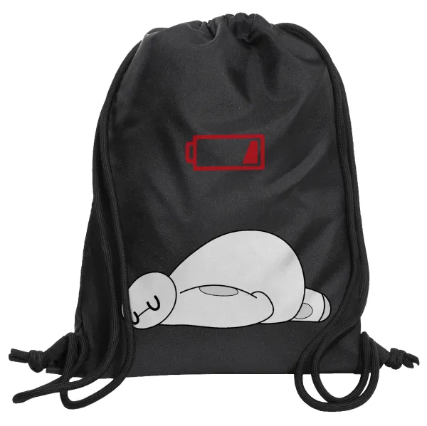 Baymax battery low — Τσάντα πλάτης πουγκί GYMBAG Μαύρη, με τσέπη (40x48cm) & χονδρά κορδόνια