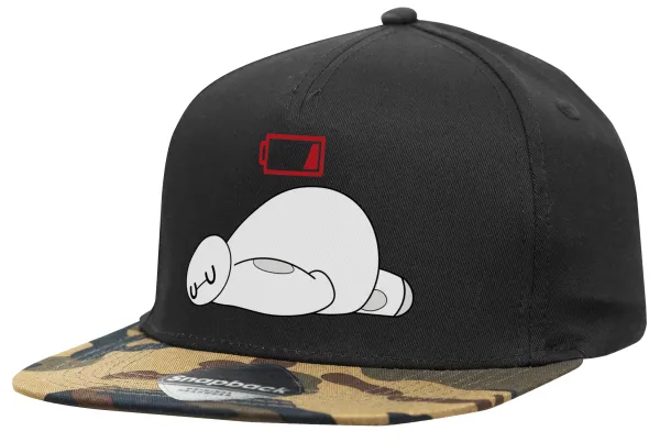 Baymax battery low — Adult Flat Snapback Hat Black/Camouflage, (100% COTTON TWILL, ADULT, UNISEX, ONE SIZE)