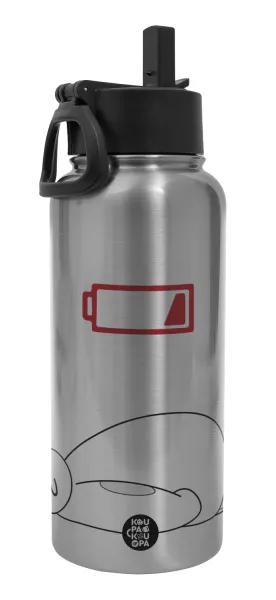 Baymax battery low — Μεταλλικό παγούρι θερμός Silver με καλαμάκι και χερούλι (Stainless steel), διπλού τοιχώματος, 950ml