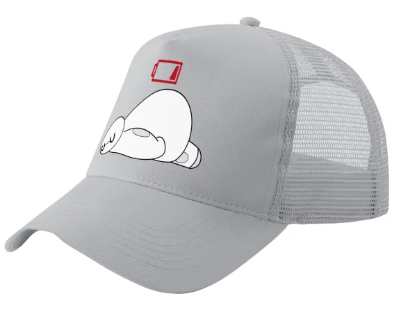 Baymax battery low — Adult Structured Trucker Hat, with Mesh, GRAY (100% COTTON, ADULT, UNISEX, ONE SIZE)