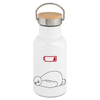 Baymax battery low, Μεταλλικό παγούρι θερμός (Stainless steel) Λευκό με ξύλινο καπακι (bamboo), διπλού τοιχώματος, 350ml
