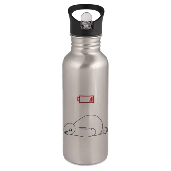 Baymax battery low, Water bottle Silver with straw, stainless steel 600ml
