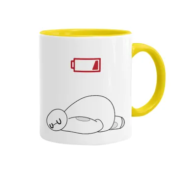 Baymax battery low, Κούπα χρωματιστή κίτρινη, κεραμική, 330ml