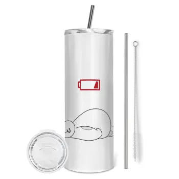 Baymax battery low, Tumbler ποτήρι θερμό από ανοξείδωτο ατσάλι 600ml, με μεταλλικό καλαμάκι & βούρτσα καθαρισμού