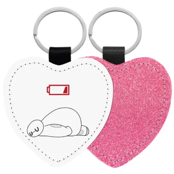 Baymax battery low, Μπρελόκ PU δερμάτινο glitter καρδιά ΡΟΖ