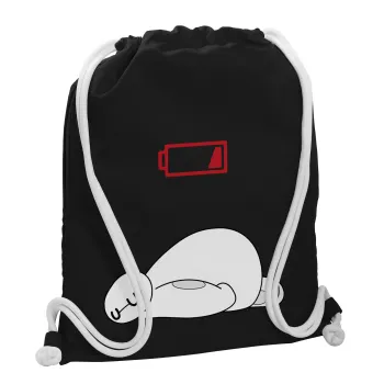 Baymax battery low, Τσάντα πλάτης πουγκί GYMBAG Μαύρη, με τσέπη (40x48cm) & χονδρά λευκά κορδόνια
