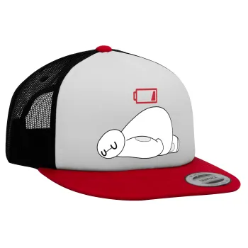Baymax battery low, Adult Foam Flat Snapback with Mesh Red-White-Black (POLYESTER, ADULT, UNISEX, ONE SIZE)