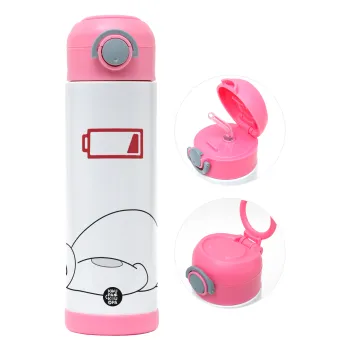 Baymax battery low, Παιδικό παγούρι θερμό, ανοξείδωτο, με καλαμάκι ασφαλείας, ΡΟΖ (500ml)