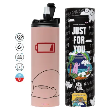 Baymax battery low, Tumbler ποτήρι θερμό ΡΟΖ από ανοξείδωτο ατσάλι 600ml