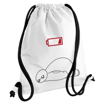 Baymax battery low, Backpack pouch GYMBAG white, with pocket (40x48cm) & thick cords