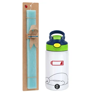 Baymax battery low, Easter Set, Children's thermal stainless steel bottle with safety straw, green/blue (350ml) & aromatic flat Easter candle (30cm) (TURQUOISE)