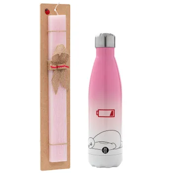 Baymax battery low, Easter Set, Metallic pink/white (Stainless steel) thermos, double-walled, 500ml & aromatic flat Easter candle (30cm) (PINK)