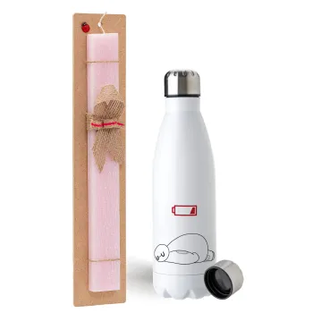 Baymax battery low, Easter Set, metallic stainless steel water bottle (750ml) & scented flat Easter candle (30cm) (PINK)