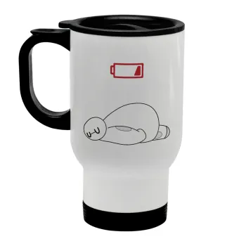 Baymax battery low, Κούπα ταξιδιού ανοξείδωτη με καπάκι, διπλού τοιχώματος (θερμό) λευκή 450ml