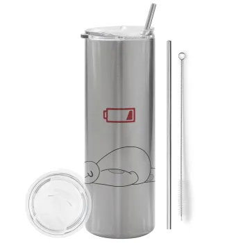 Baymax battery low, Tumbler ποτήρι θερμό Ασημένιο από ανοξείδωτο ατσάλι 600ml, με μεταλλικό καλαμάκι & βούρτσα καθαρισμού