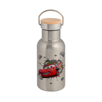 Brick McQueen, Stainless steel metallic thermos flask, silver with a bamboo lid, double-walled, 350ml.