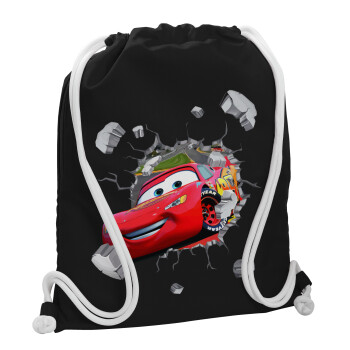 Brick McQueen, Backpack pouch GYMBAG Black, with pocket (40x48cm) & thick white cords