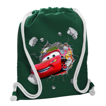Brick McQueen, Backpack pouch GYMBAG BOTTLE GREEN, with pocket (40x48cm) & thick white cords