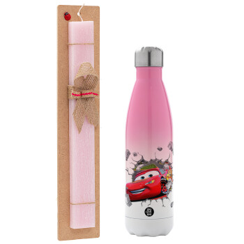 Brick McQueen, Easter Set, Metallic pink/white (Stainless steel) thermos, double-walled, 500ml & aromatic flat Easter candle (30cm) (PINK)