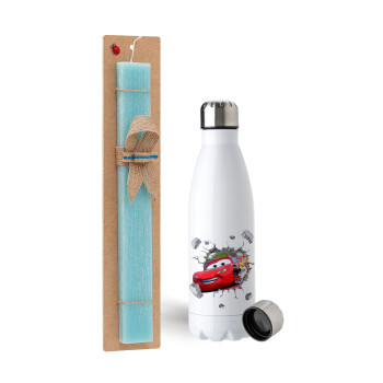 Brick McQueen, Πασχαλινή Λαμπάδα με μεταλλικό παγούρι ανοξείδωτο (750ml) & κερί αρωματικό πλακέ (30cm) (ΤΙΡΚΟΥΑΖ)