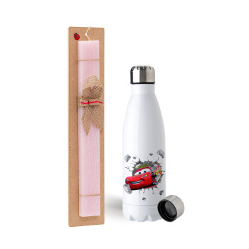 Brick McQueen, Easter Set, metallic stainless steel water bottle (750ml) & scented flat Easter candle (30cm) (PINK)