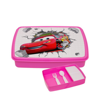 Brick McQueen, ΡΟΖ παιδικό δοχείο φαγητού (lunchbox) πλαστικό με παιδικά μαχαιροπίρουρα & 2 εσωτερικά δοχεία (BPA-FREE) Lunch Βox M23 x Π18 x Υ4cm