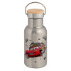 Stainless steel metallic thermos flask, silver with a bamboo lid, double-walled, 350ml.