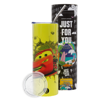 Brick McQueen, Neon Yellow Travel Tumbler, with metal straw (Stainless steel 304 Food grade, BPA free, 600ml)