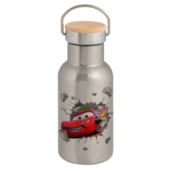 Brick McQueen, Stainless steel metallic thermos flask, silver with a bamboo lid, double-walled, 350ml.