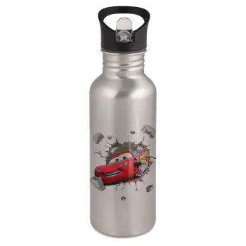 Brick McQueen, Water bottle Silver with straw, stainless steel 600ml