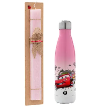 Brick McQueen, Easter Set, Metallic pink/white (Stainless steel) thermos, double-walled, 500ml & aromatic flat Easter candle (30cm) (PINK)
