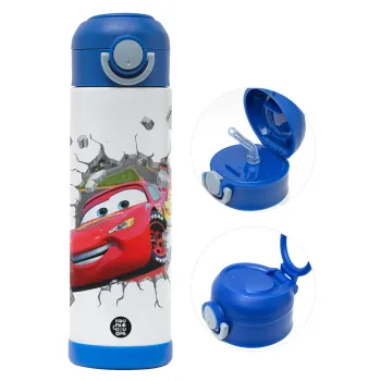 Brick McQueen, Children's hot water bottle, stainless steel, with safety straw, BLUE (500ml)