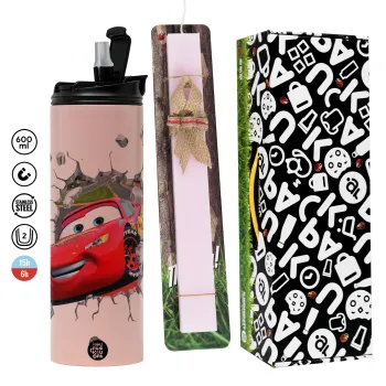Brick McQueen, Πασχαλινή Λαμπάδα με  ΡΟΖ Travel Tumbler θερμό (600ml, BPA free) & κερί αρωματικό πλακέ (30cm) (ΡΟΖ)