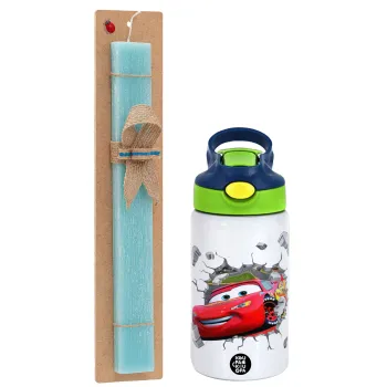 Brick McQueen, Easter Set, Children's thermal stainless steel bottle with safety straw, green/blue (350ml) & aromatic flat Easter candle (30cm) (TURQUOISE)