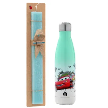 Brick McQueen, Easter Set, Metallic green/white thermos (Stainless steel), double-walled, 500ml & scented flat Easter candle (30cm) (TURQUOISE)