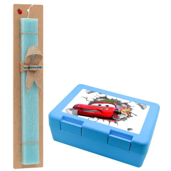 Brick McQueen, Πασχαλινή Λαμπάδα με παιδικό δοχείο κολατσιού ΓΑΛΑΖΙΟ & κερί αρωματικό πλακέ (30cm) (ΤΙΡΚΟΥΑΖ)