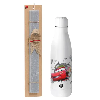 Brick McQueen, Πασχαλινή Λαμπάδα με μεταλλικό παγούρι θερμός ανοξείδωτο (500ml) & κερί αρωματικό πλακέ (30cm) (ΓΚΡΙ)