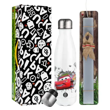 Brick McQueen, Πασχαλινή Λαμπάδα με μεταλλικό παγούρι θερμός λευκός (500ml) & λαμπάδα αρωματική πλακέ (30cm) (ΓΚΡΙ)