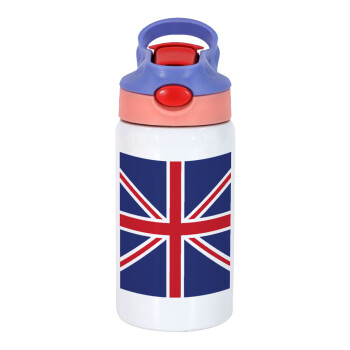 UK Flag, Children's hot water bottle, stainless steel, with safety straw, pink/purple (350ml)