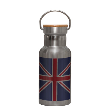 Σημαία Αγγλίας UK, Μεταλλικό παγούρι θερμός (Stainless steel) Ασημένιο με ξύλινο καπακι (bamboo), διπλού τοιχώματος, 350ml
