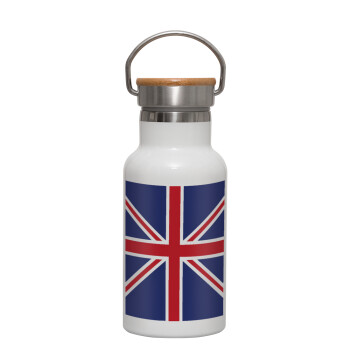 Σημαία Αγγλίας UK, Μεταλλικό παγούρι θερμός (Stainless steel) Λευκό με ξύλινο καπακι (bamboo), διπλού τοιχώματος, 350ml